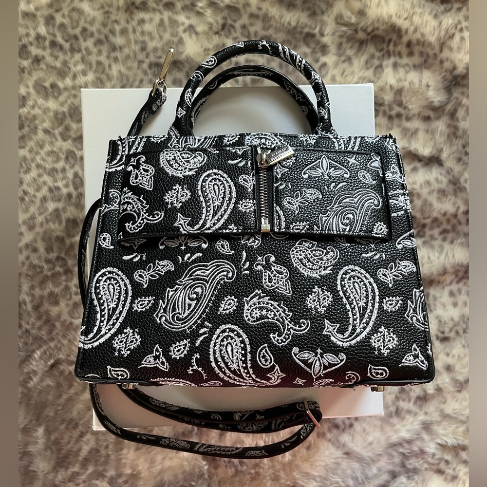 Brandon Blackwood Black & White Paisley Leather Shoulder Bag